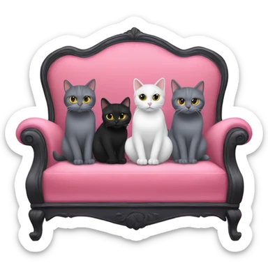 2gray cats and 1 black cat sitting on a pink velvet sofa sticker