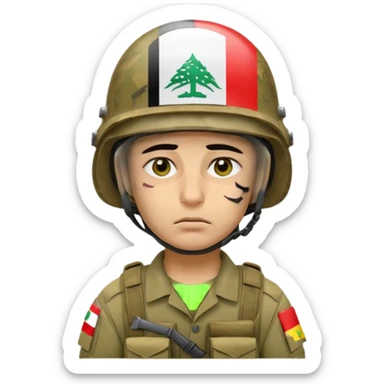 Tired Iraqi soldier wearing helmet with Iraqi flag, sad expression, half open eyes and bags under eyes, reflecting fatigue and pain sticker