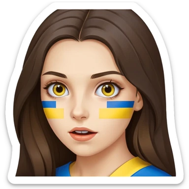 Brunette woman with long hair, Ukrainian flag (blue and yellow) painted on her cheek, surprised expression sticker