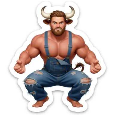 furious sunburnt country handsome hairy muscular man with large breasts with bull horns and cow ears and cow tail dressed in shabby ragged denim overalls squats legs vide open sticker