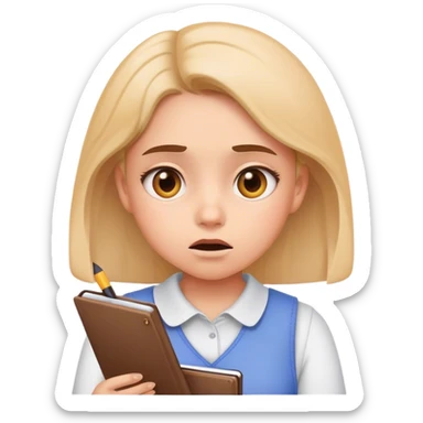 muslim girl writing in notebook with difficulty, with confusion, emoji question sticker