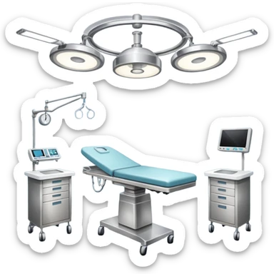 A surgical room setup with overhead lights and sterile instrument table.
 sticker