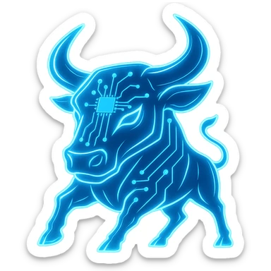 Combine elements from both reference images to create a bull logo in a modern, tech-inspired style with a glowing blue effect. Emphasize a sleek, futuristic look with luminous blue highlights on a transparent background. The style should be sleek, futuristic, and tech-inspired with glowing blue accents. sticker