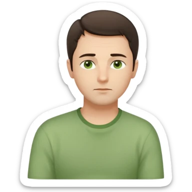 Gentle man, European facial features, short dark brown hair, green eyes, light green shirt. Seated calmly, gazing thoughtfully. Soft light, subtle fern. Waist-up, profile. sticker