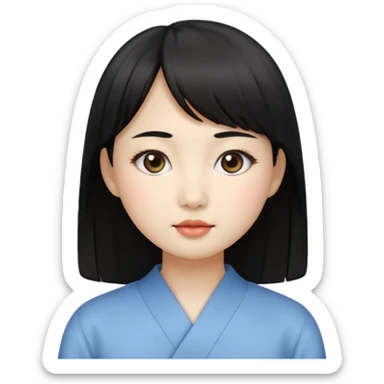 Clean Korean illustration-style emoji portrait of a young Korean woman, front-facing.
Smooth porcelain skin, soft shading, large round eyes, calm neutral expression.
Straight black bangs, black hair tied back, small nose and lips.
Round oval face, soft jawline.

 sticker