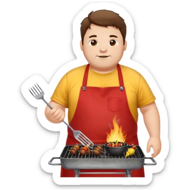 chubby man white messy hair and dirty yellow shirt and a red apron grilling bbq and skewers on a sizzling grill sticker