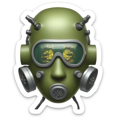 Olive green mohawk cyborg head with respirator mask and circuits sticker