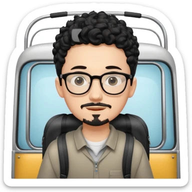 A young boy DEVELOPER WITH A backpack, black curly short hair, wearing glasses, a thin goatee, his skin is white, riding a scholar bus sticker