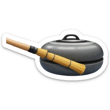 An icon showing a detailed close-up of a curling stone sliding across the ice, with a broom in motion beside it. The background features an indoor stadium with cheering spectators on the stands. Transparent background captures the strategy and focus of curling. sticker