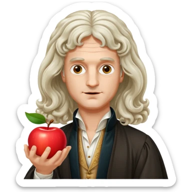 Isaac Newton wearing aristocratic attire with long curled periwig, hold an apple sticker