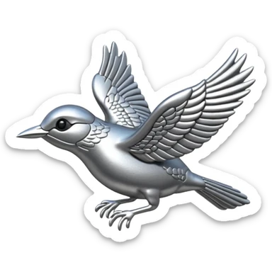 A cast metal pin depicting a silver wren in flight sticker