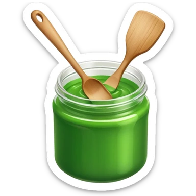A small open plastic jar of vibrant green wax, wooden spatula inside sticker