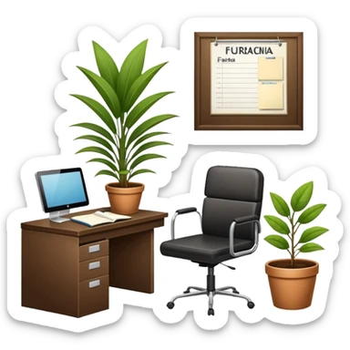 imagen de una oficina moderna con escritorio, silla, notebook, agenda y una planta con un cartel que diga en español FUERA DE OFICINA sticker