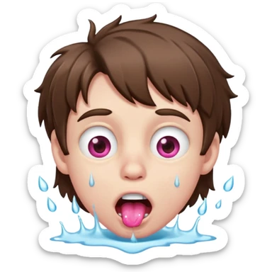 Pale Boy with shaggy brown hair, pink eyes rolled back, mouth open , water drop dripping from lips sticker