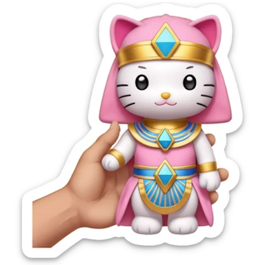 a Hello Kitty–style plush dressed as an Egyptian pharaoh, held by a hand, with a pyramid in the desert background, clear blue sky, natural light, shallow depth of field. sticker