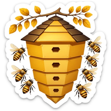 A small hive nestled between tree branches with worker bees. sticker