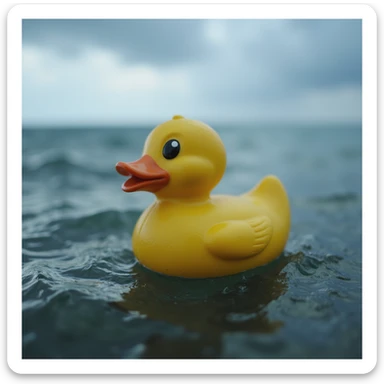  Cinematic still, Extreme Closeup shot of Yellow duck toy on ocean during cloudy day, stormy sea, Camera from top, inspired by interstellar sticker