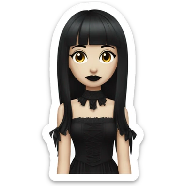 one single goth women, dark hair, long hair, short bangs, dark makeup, gothic detailed dress sticker