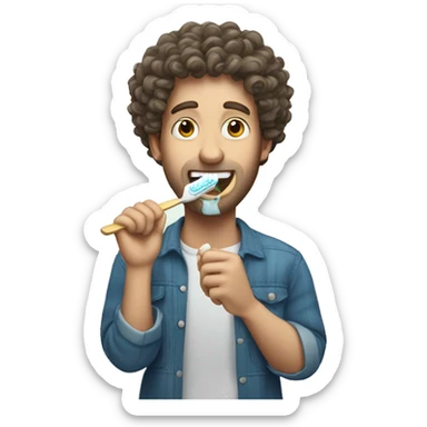 White man with curly hair brushing his teeth sticker