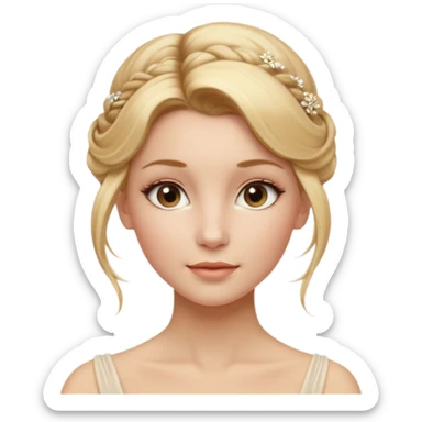 Cinematic Realistic Rococo Portrait, depicted with lifelike skin texture, subtle rosy undertones, and soft natural lighting that enhances the gentle contours of her face. Her intricately detailed golden blonde hair is elegantly styled in an updo, with delicate wisps framing her face.  sticker