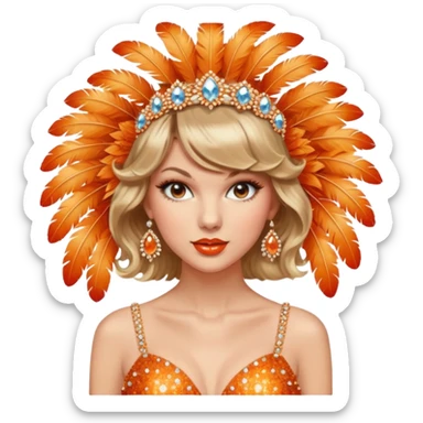 Taylor Swift wearing a vintage showgirl outfit with orange sparkles and feathers and a headdress sticker