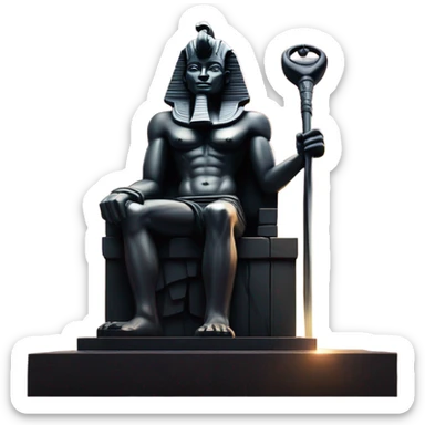 Osiris crook and flail obsidian statue on granite 30 ton brick, massive size, sunlight behind, sunset colors, reflections on black stone polished clean perfect, photography angles sticker