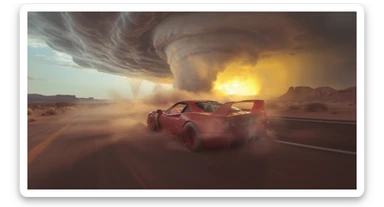 Cinematic still of a ferrari f40 around tornado od arizona desert, sun flare, captured by gopro hero with effect fisheye, water drops on car body, detailed, inspired by interstellar look, captured by a Super-16 sticker