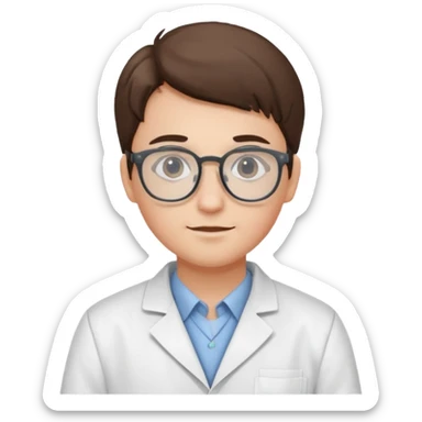 Portrait of a young scientist wearing a white lab coat, glasses sticker