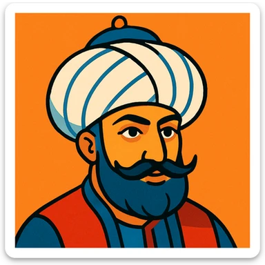 stylized illustration of Sultan Murad IV's head, Ottoman sultan, wearing a traditional turban and mustache, bold lines, vibrant colors sticker