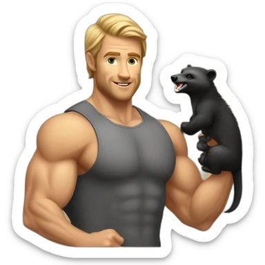 muscled caucasian man holding a honey badger sticker