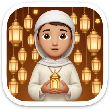 Personnage 3D mignon en style Pixar, un petit garçon portant un qamis blanc et un kufi, tenant un tapis de prière, entouré de lanternes brillantes, fond doux, couleurs chaudes, sticker