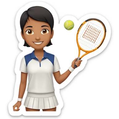 Chindian tennis coach, caramel brown, short straight hair, oval face, small eyes, big smile, wearing tennis outfit sticker