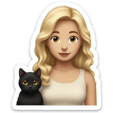 girl with sandy blonde hair holding a black fluffy cat sticker