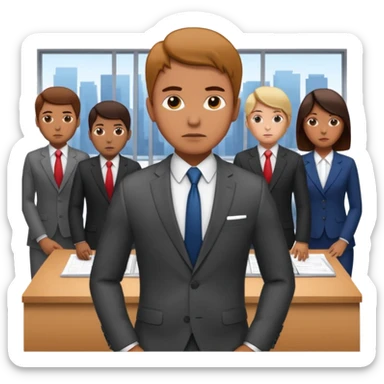 Create a realistic emoji of a person making some decisions in front of a grounp while standing in a office sticker
