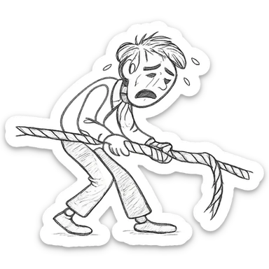 Make the guy look much more tired and exhausted while struggling to pull the rope, keep the hand drawn doodle style with expressive pose, black lines only, no color. sticker
