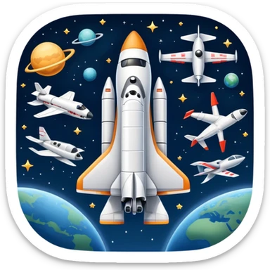 An icon featuring a space shuttle, a drone, and an airplane against a starry sky, symbolizing aerospace technology. The design includes rocket boosters and satellite orbits, representing the exploration of space and advanced aviation. Transparent background sticker