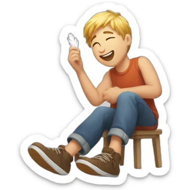 Laughing boy having his feet tickled with a feather sticker