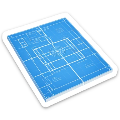 blue blueprint plan with white lines, perspective view showing both side and top sticker