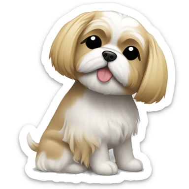 “The owner, with a blonde bob haircut, is hugging her sand-and-white-colored Shih Tzu.” sticker