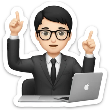 un estudiante con lentes y su laptop CON TERNO Y CABELLO NEGRO,  LEVANTANDO LAS MANOS DANDO LIKE sticker