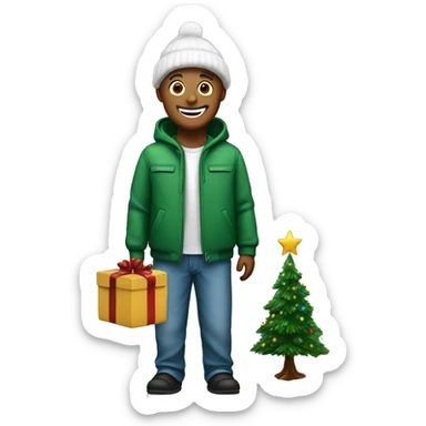 A person who is happy and has a Christmas tree next to him sticker