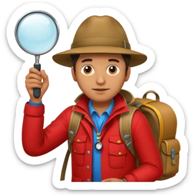Explorer man with red jacket backpack and magnifying glass sticker