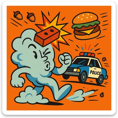 personified gust of wind hit by a brick, a burger mid-air, and a police car behind with acorns flying toward it, energetic and humorous style sticker