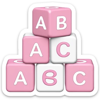 three Light pink and white toy alphabet blocks stacked with different letters sticker