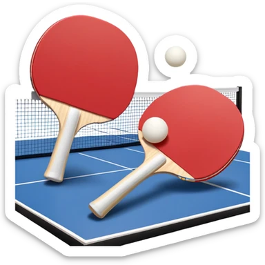 Two table tennis paddles and a ball placed on a ping pong table, with the net in the background. The scene conveys the simplicity and focus of the sport, with vibrant colors highlighting the rackets and ball on the smooth surface of the table. sticker