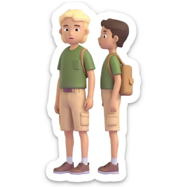 boy wearing an olive-green shirt over a brown T-shirt with beige cargo shorts sticker