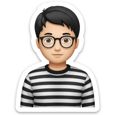 asian man with black curtains styled hair in striped sweater standing and in glasses sticker