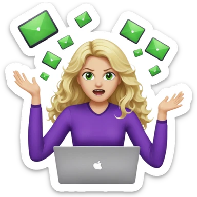 lady with long blonde wavy hair, purple top, green eyes throwing her with a laptop hands in the air screaming sticker