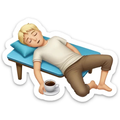 Boy with blond hair lying on the floor asleep after falling through a coffee table sticker