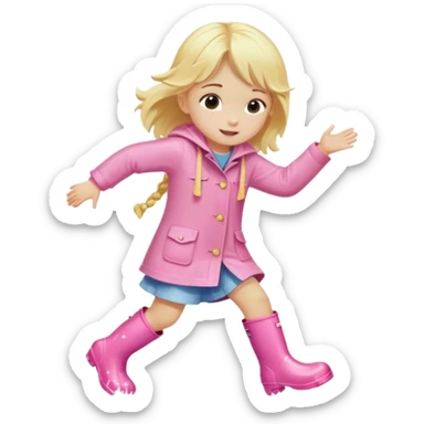 Blonde little girl in light pink rain boots splashing in water sticker